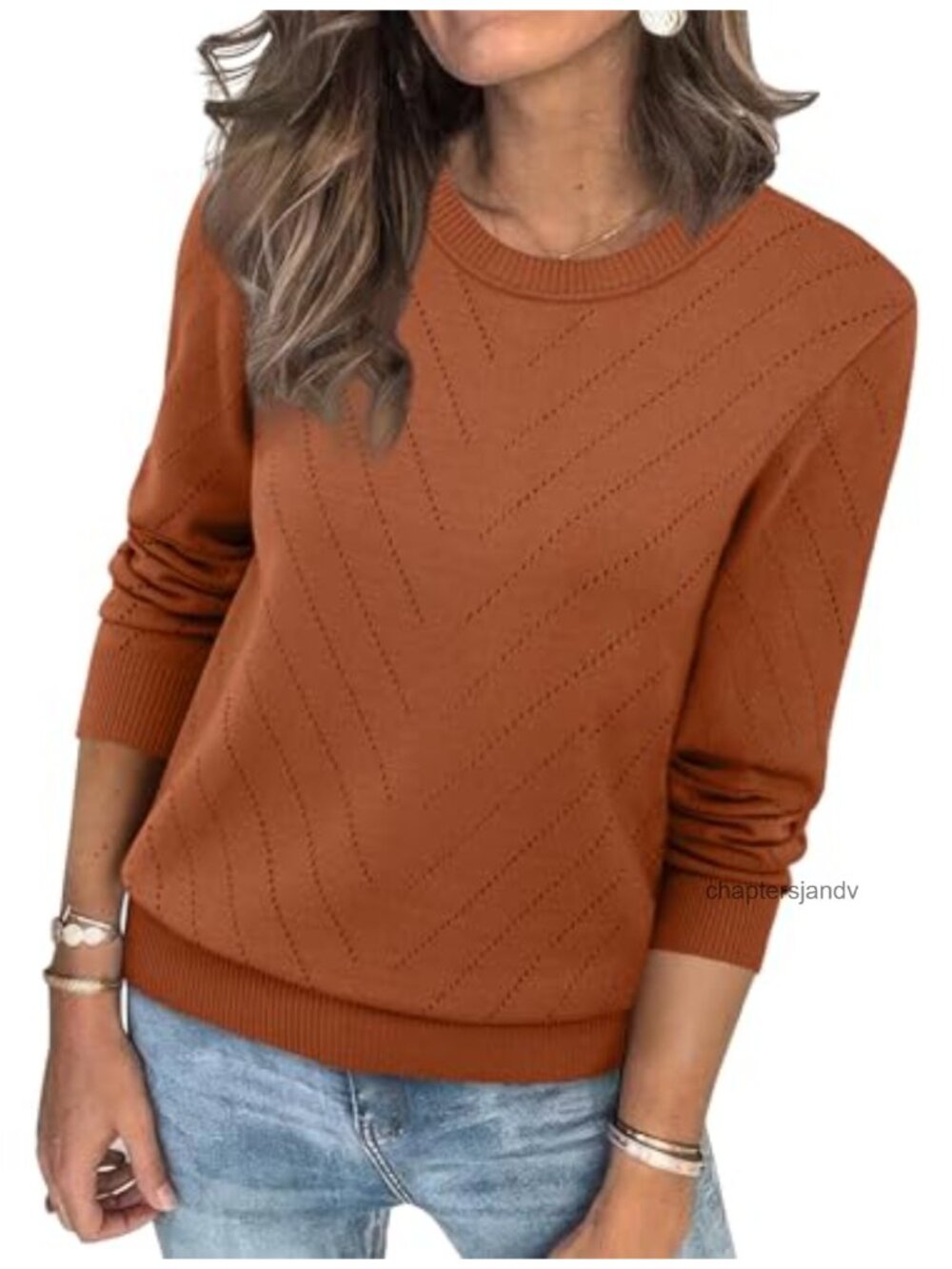 Sampeel Women's Crew Neck Long Sleeve Eyelet Knit Pullover Sweater Cozy
